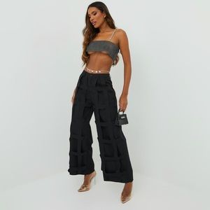 High waist layered detail straight leg cargo trousers in black